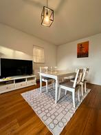 Ikea eettafel + geharde glasplaat met 4 ikea stoelen., Ophalen, Zo goed als nieuw, Tijdloos, 4 tot 6 stoelen