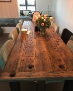 Eikenhouten eettafel wagondelen  zwart industrieel onderstel, Ophalen, Gebruikt, 200 cm of meer, 50 tot 100 cm