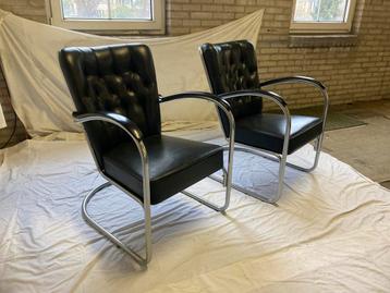 2 Dutch Originals Mat Chroom Gispen 412 Fauteuils Zwart Leer beschikbaar voor biedingen