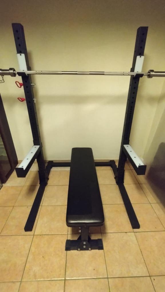 Squat/bench rack inclusief toebehoren, Sport en Fitness, Fitnessapparatuur, Zo goed als nieuw, Krachtstation, Armen, Benen, Borst
