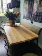 massief houten tafel boomstam met hairpinpoten met bankje, Ophalen, Gebruikt, 50 tot 100 cm, Vijf personen of meer