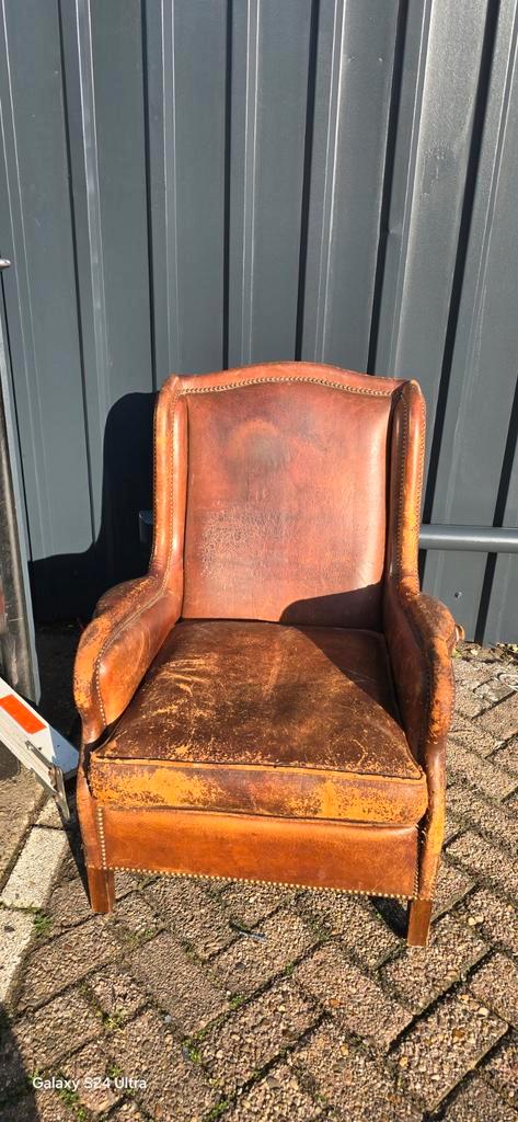 Antieke Schaapsleren Zetel met Gebruikerssporen, Huis en Inrichting, Fauteuils, Gebruikt, 75 tot 100 cm, Ophalen