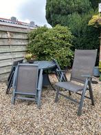 Ronde tuintafel met 4 verstelbare stoelen en kussens, 4 zitplaatsen, Kunststof, Gebruikt, Eettafel
