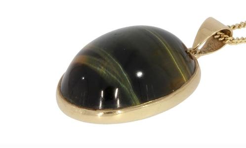 Tijgeroog edelsteen grote robuuste gouden ketting hanger, Sieraden, Tassen en Uiterlijk, Kettinghangers, Zo goed als nieuw, Goud