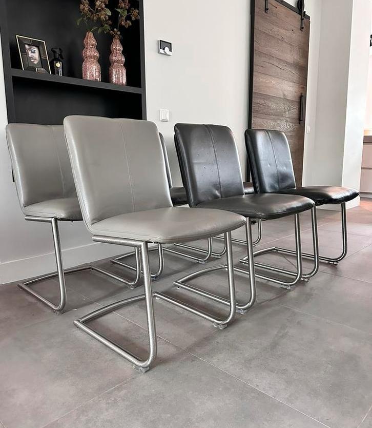 Zes zwart/antraciet/grijs leder Henders & Hazel design stoel, Huis en Inrichting, Stoelen, Zo goed als nieuw, Vijf, Zes of meer stoelen