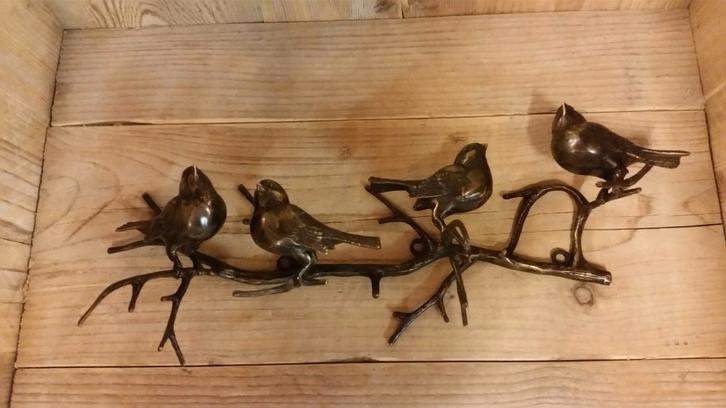 4 VOGELS OP TAK / BRONS / WANDHANGER / horizontaal, Tuin en Terras, Tuinwanddecoratie, Nieuw, Ophalen of Verzenden