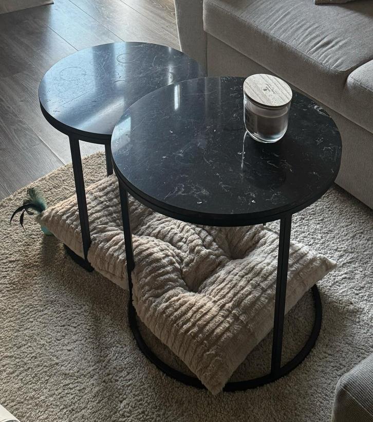 Marmere Salon Tafeltjes Set, Huis en Inrichting, Tafels | Salontafels, Zo goed als nieuw, Minder dan 50 cm, Rond, Metaal, Ophalen of Verzenden