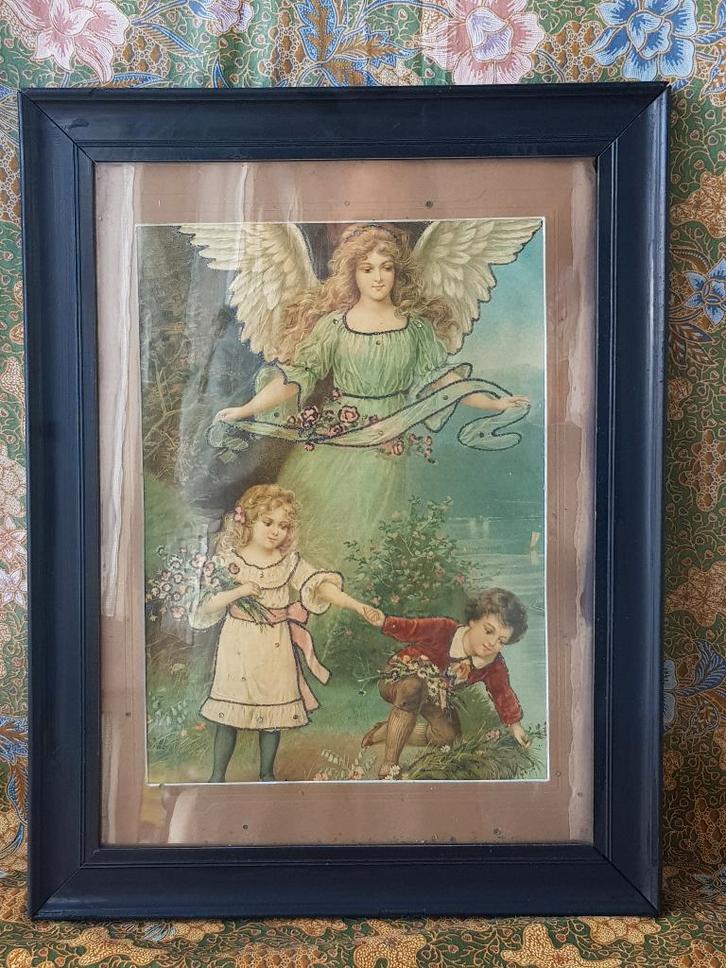 Antieke Engelse ingelijste prent met engel en kinderen., Antiek en Kunst, Antiek | Religie, Ophalen of Verzenden