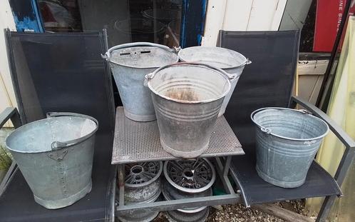 Zinken emmers met hengsels (5 stuks), Tuin en Terras, Bloembakken en Plantenbakken, Gebruikt, Metaal, Balkon, Tuin, 30 tot 60 cm