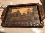 Antiek, Frans houten dienblad,handgemaakt, glas. Gesigneerd, Ophalen of Verzenden