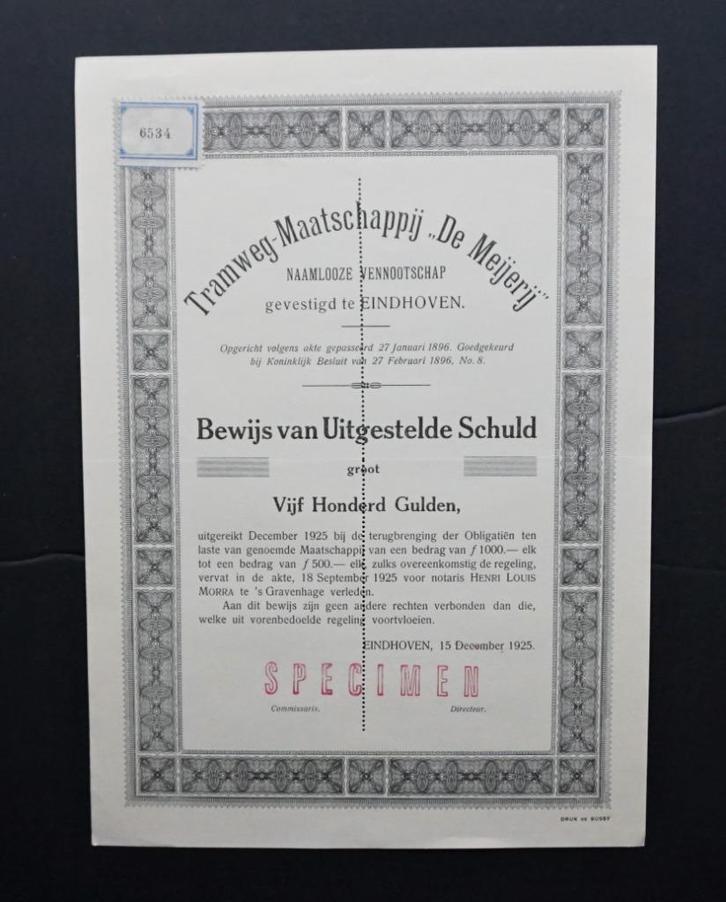Tramweg Maatschappij "De Meijerij" - Eindhoven 1925, Postzegels en Munten, Aandelen en Waardepapieren, Obligatie of Lening, 1920 tot 1950
