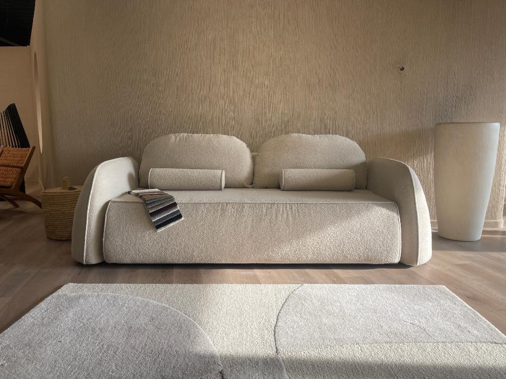 Slaapbank met opbergruimte Teddy-stof NIEUW, Ophalen, 100 tot 125 cm, Japandi, Scandinavisch, Rechte bank