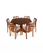 Vintage 6-hoekige Deense eettafel, Dyrlund ‘70, Vintage retro buisframe design rotan webbing papercord deens, Teakhout, Ophalen of Verzenden