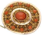Klederdracht bloedkoraal broche 14K goud Holland 1880 4,5 cm, Sieraden, Tassen en Uiterlijk, Antieke sieraden, Ophalen, Goud, Broche