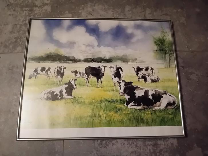 Aquarel Zwartbonte Koeien in wei - Mylène de Kleyn 51x41cm., Antiek en Kunst, Kunst | Schilderijen | Klassiek, Ophalen of Verzenden