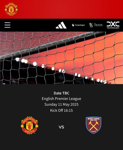 2 tickets voor Man United-West Ham United op 11 mei, Tickets en Kaartjes, Sport | Voetbal, Twee personen, Mei