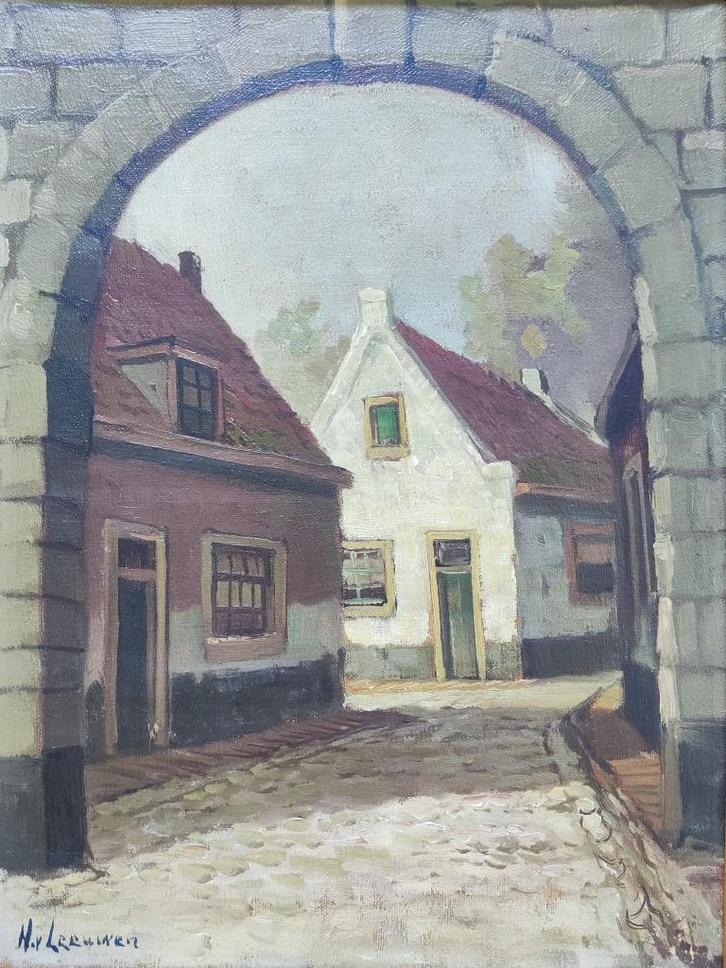 Henk van Leeuwen (1890-1972)-Gezicht op poortje met doorkijk, Antiek en Kunst, Kunst | Schilderijen | Klassiek, Ophalen of Verzenden