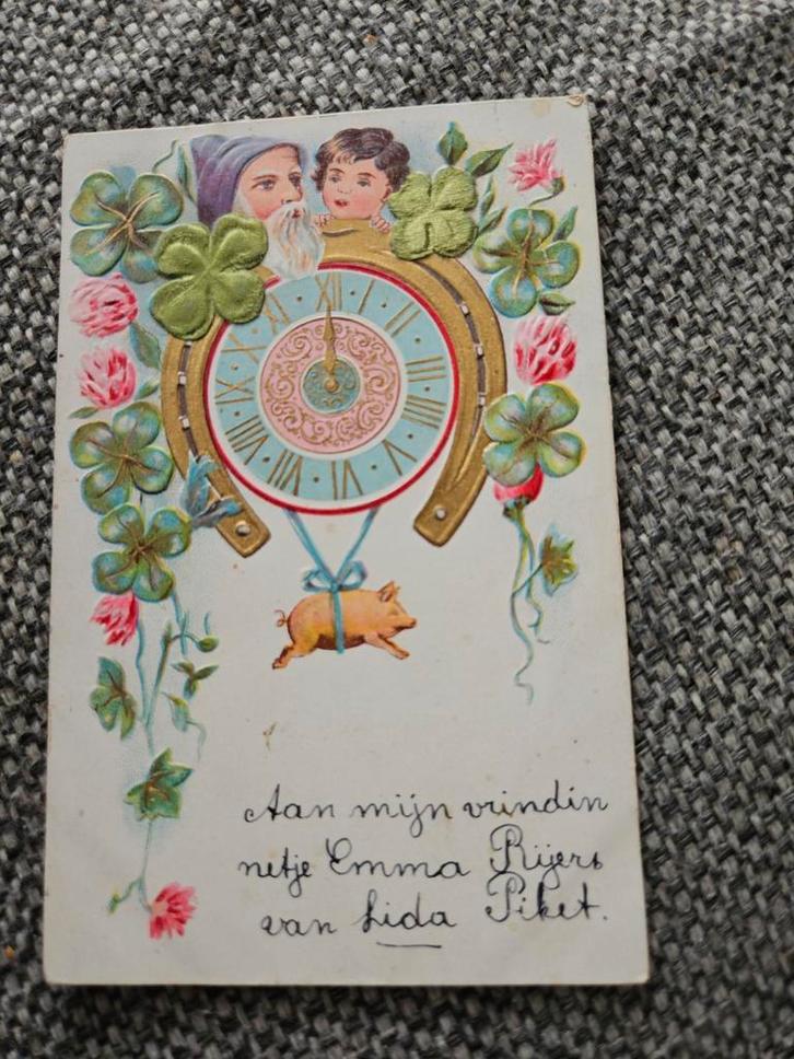Brocante relief kerstman klok, Verzamelen, Ansichtkaarten | Themakaarten, Gelopen, Voor 1920, Ophalen of Verzenden