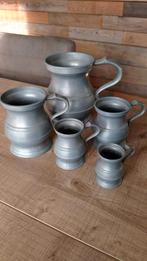 Antieke set 5 bierpullen / kannen Engelen tin, Antiek en Kunst, Antiek | Tin, Ophalen of Verzenden