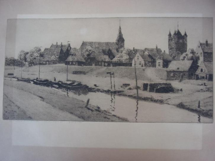 Witjens, Willem - Gezicht op Hattem Ets 1933, Antiek en Kunst, Kunst | Etsen en Gravures, Ophalen of Verzenden