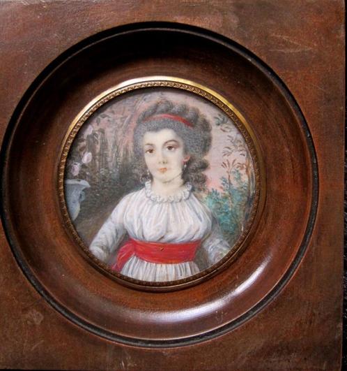 = c a 1850 = miniatuurportret = meisje met rode ceintuur =, Antiek en Kunst, Kunst | Schilderijen | Klassiek, Ophalen of Verzenden