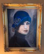 Acrylverf schilderij van een vrouw met blauwe hoed, Antiek en Kunst, Kunst | Schilderijen | Klassiek, Ophalen of Verzenden