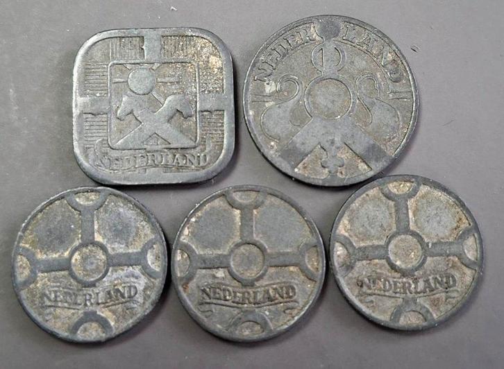 Nederland Oorlogsgeld 5 x Zink: 5 Cent, 2 ½ Cent 3 x 1 Cent, Postzegels en Munten, Munten | Nederland, Setje, Koningin Wilhelmina