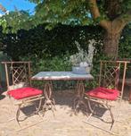 Smeedijzer bistroset met inklapbare stoelen, tegel tafelblad, Antiek en Kunst, Ophalen