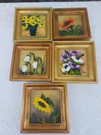 5 erg leuke kleine Brocante bloemen schilderijtjes p.p.st., Antiek en Kunst, Ophalen of Verzenden