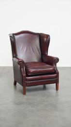 Leuke bordeauxrode rundleren oorfauteuil in Engelse stijl, Huis en Inrichting, Fauteuils, Ophalen, Klassiek, Engels, Gebruikt