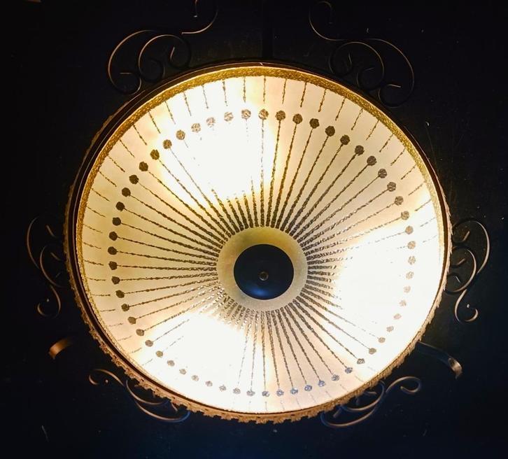 Vintage Smeedijzeren Plafonniere / Plafondlamp / Jaren 50, Huis en Inrichting, Lampen | Plafondlampen, Gebruikt, Glas, Metaal