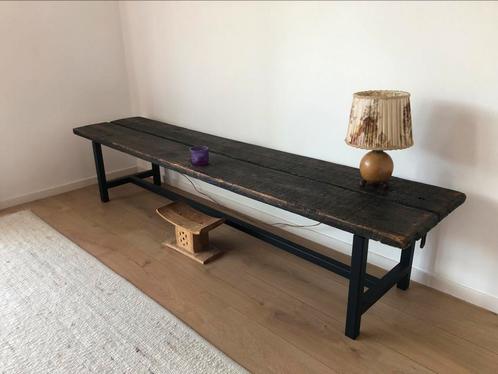 Sidetable staal en scheepsluik., Huis en Inrichting, Tafels | Sidetables, Gebruikt, 25 tot 50 cm, 150 tot 200 cm, Rechthoekig