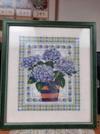 Geborduurde hortensia's groen blauw 24 x 27 cm, Ophalen of Verzenden, Zo goed als nieuw, Borduurpakket