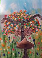 Schilderij fiets met bloemenmand, Huis en Inrichting, Woonaccessoires | Schilderijen, Tekeningen en Foto's, Nieuw, Schilderij