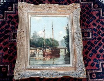 Oud Schilderij met Boot en Brug beschikbaar voor biedingen