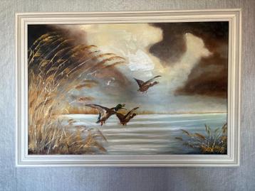 schilderij eenden water riet geschilderd door S. Veenstra beschikbaar voor biedingen