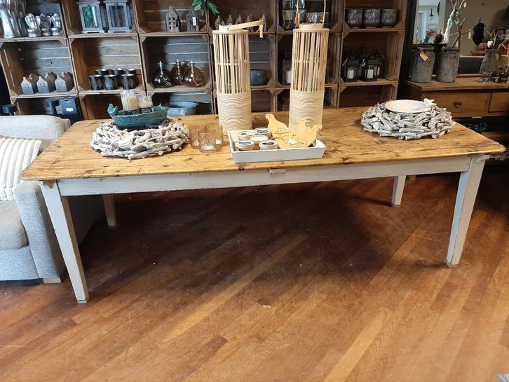 Brocante landelijke eettafel wit blank oud grenen, Huis en Inrichting, Complete eetkamers, Gebruikt, Ophalen