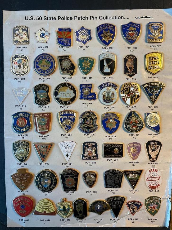 U.S. 50 State Police Patch Pin Collection – 37 stuks, Verzamelen, Militaria | Algemeen, Landmacht, Embleem of Badge, Amerika, Verzenden