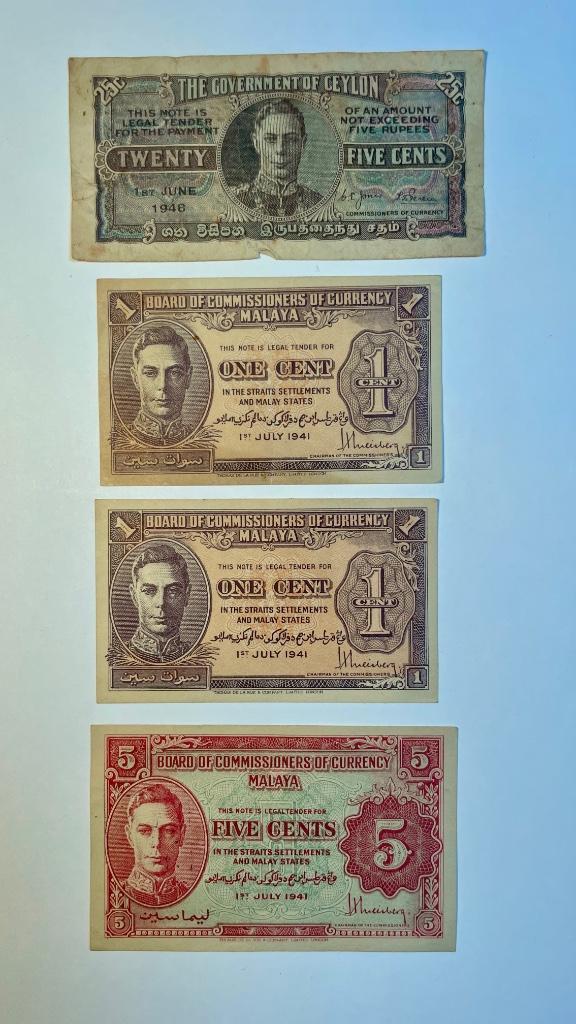 Biljetten 25 / 5 / 1 cent King George VI (Malaya en Ceylon), Postzegels en Munten, Bankbiljetten | Azië, Setje, Zuidoost-Azië