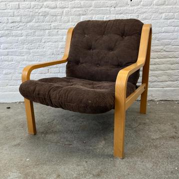 Vintage Zweedse fauteuil hout - bruin corduroy midcentury 2x beschikbaar voor biedingen