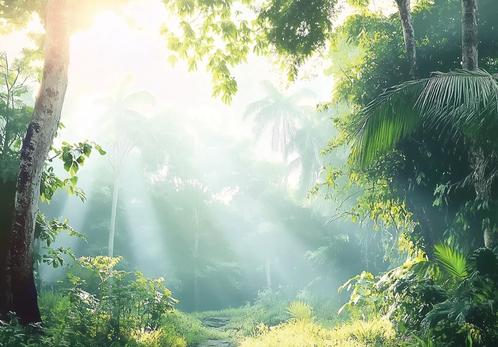 Jungle fotobehang Zonnestralen, Jungle behang, sfeerbehang, Huis en Inrichting, Stoffering | Behang, minder dan 10 m², Verzenden
