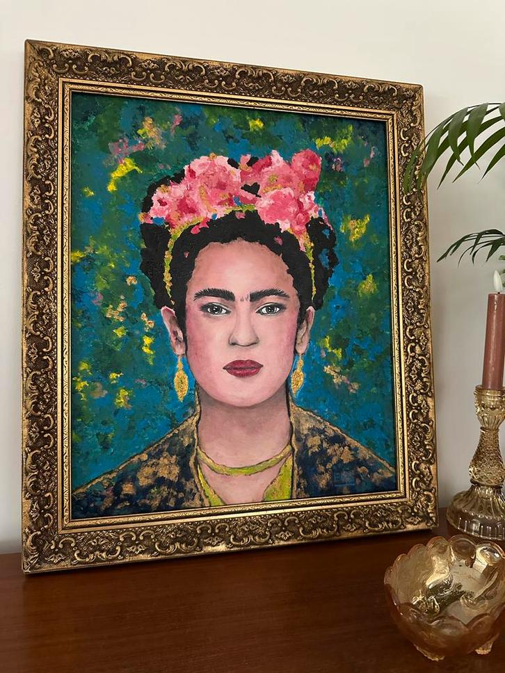 Frida Kahlo Portret - Olieverf Schilderij Ingelijst, Antiek en Kunst, Kunst | Schilderijen | Klassiek, Ophalen of Verzenden