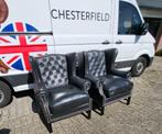 Set van 2 Chesterfield fauteuils zwart leer. Goede conditie., Ophalen, Gebruikt, Chesterfield, Leer
