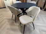 Mangohout Ronde eetkamertafel + 4 stoelen Setprijs!, Huis en Inrichting, Ophalen, Rond, Nieuw, Mangohout, landelijk, industrieel