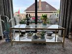 Glazen salontafel te koop met gouden omlijsting, Ophalen, Gebruikt, 100 tot 150 cm, Klassiek