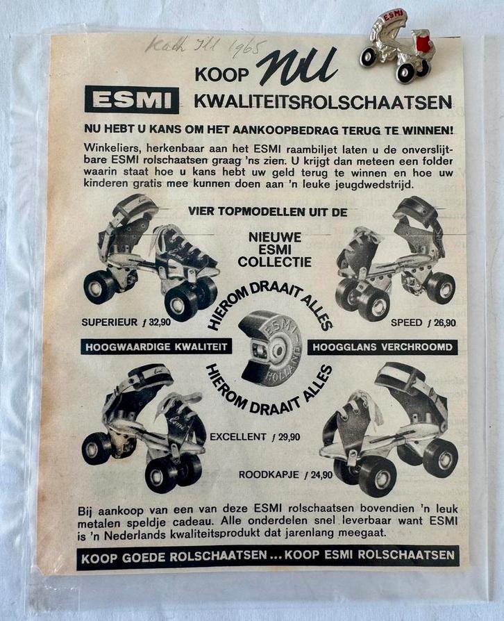 Retro Reclame advertentie Esmi Rolschaatsen met Speldje, Verzamelen, Retro, Overige typen, Ophalen of Verzenden