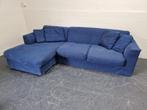 Hoekbank / bank met longchair in blauwe stof, 250 tot 300 cm, Gebruikt, Stof, Ophalen