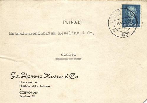 Fa. Hommo Koster + Co, Coevorden - 06.1951 - plikart, Postzegels en Munten, Brieven en Enveloppen | Nederland, Briefkaart, Ophalen of Verzenden