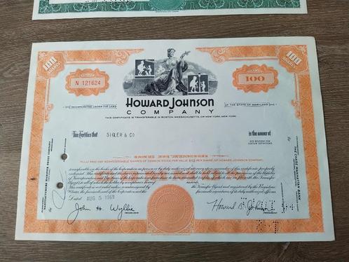 Certificaat van 100 shares "Howard Johnson Company", Postzegels en Munten, Aandelen en Waardepapieren, Aandeel, 1950 tot 1970