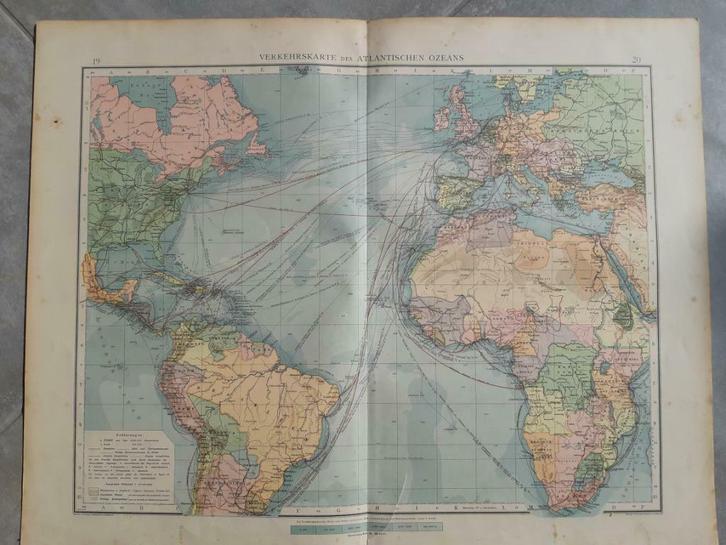 19-20/ verkeerskaart Atlantische Oceean. Litho uit 1899, Antiek en Kunst, Kunst | Litho's en Zeefdrukken, Ophalen of Verzenden